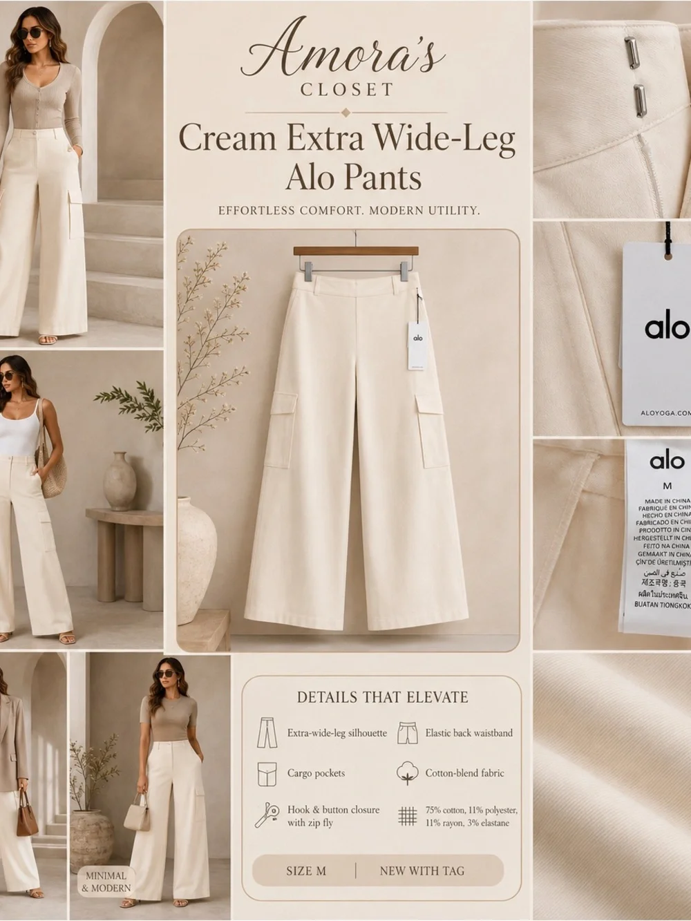 ALO Yoga Cream Extra-Wide Leg Cargo Pants